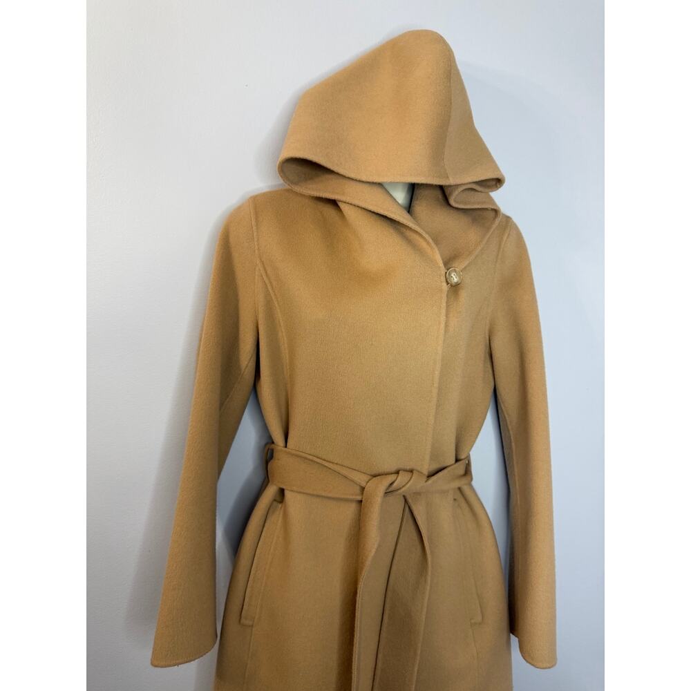 Theory Wilrose New Divide Wool Cashmere Wool Hooded Belted Wrap Coat Tan Sz S - Picture 13 of 14